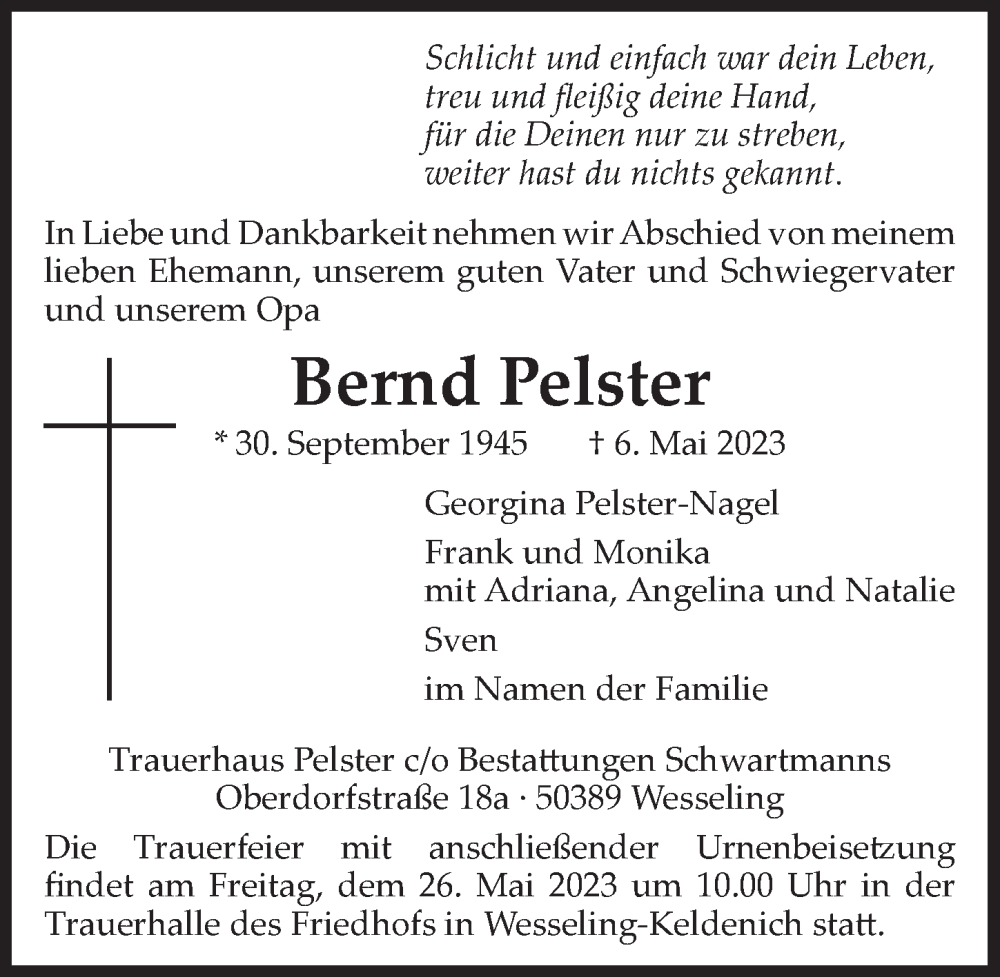  Traueranzeige für Bernd Pelster vom 19.05.2023 aus  Schlossbote/Werbekurier 