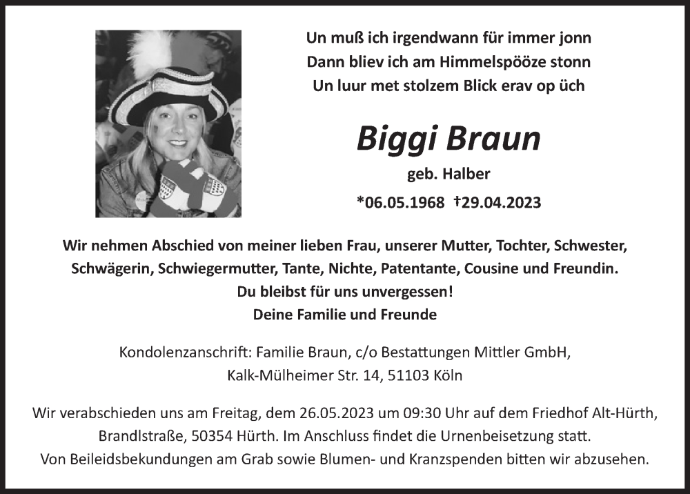  Traueranzeige für Biggi Braun vom 19.05.2023 aus  Wochenende 