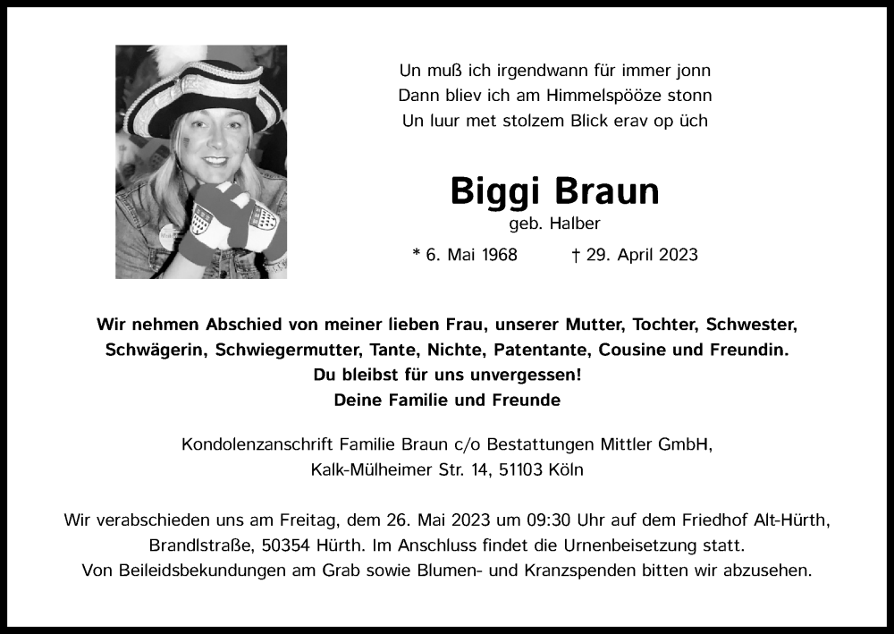  Traueranzeige für Biggi Braun vom 20.05.2023 aus Kölner Stadt-Anzeiger / Kölnische Rundschau / Express