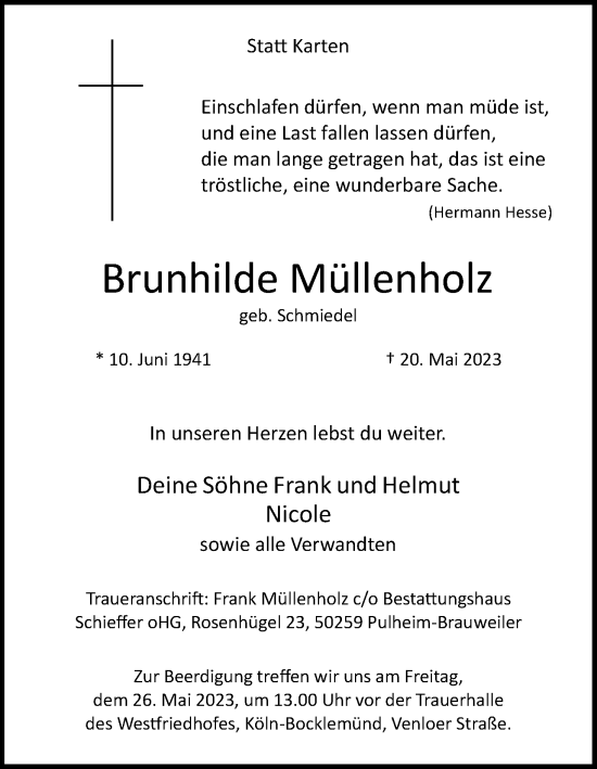 Anzeige von Brunhilde Müllenholz von Kölner Stadt-Anzeiger / Kölnische Rundschau / Express