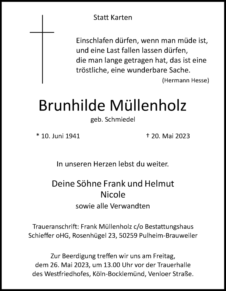  Traueranzeige für Brunhilde Müllenholz vom 24.05.2023 aus Kölner Stadt-Anzeiger / Kölnische Rundschau / Express