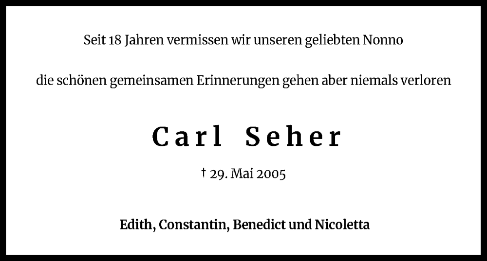  Traueranzeige für Carl Seher vom 18.07.2023 aus Kölner Stadt-Anzeiger / Kölnische Rundschau / Express