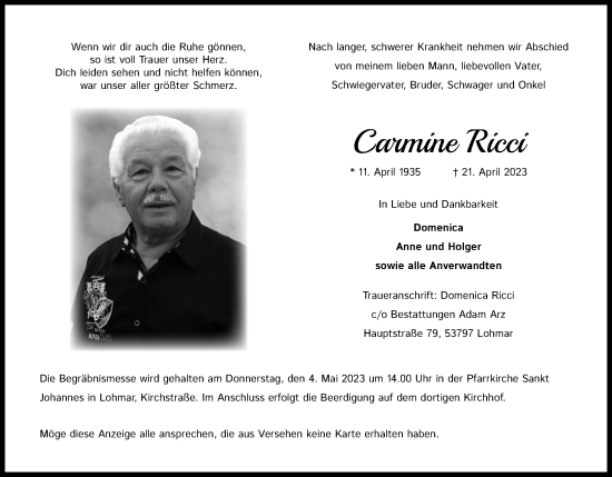 Anzeige von Carmine Ricci von Kölner Stadt-Anzeiger / Kölnische Rundschau / Express