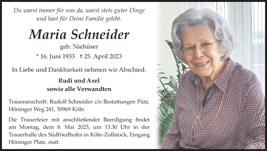 Anzeige von Maria Schneider von Kölner Stadt-Anzeiger / Kölnische Rundschau / Express