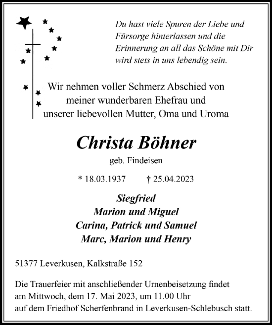 Anzeige von Christa Böhner von  Lokale Informationen 