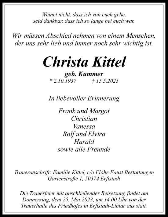 Anzeige von Christa Kittel von Kölner Stadt-Anzeiger / Kölnische Rundschau / Express