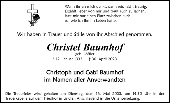 Anzeige von Christel Baumhof von  Anzeigen Echo 