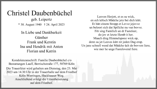 Anzeige von Christel Daubenbüchel von Kölner Stadt-Anzeiger / Kölnische Rundschau / Express