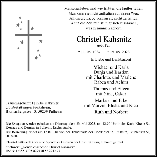 Anzeige von Christel Kahsnitz von  Wochenende 
