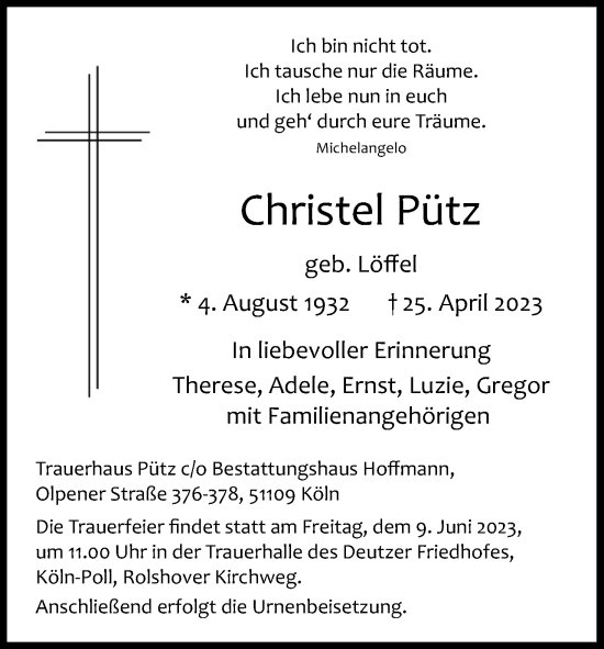Anzeige von Christel Pütz von Kölner Stadt-Anzeiger / Kölnische Rundschau / Express