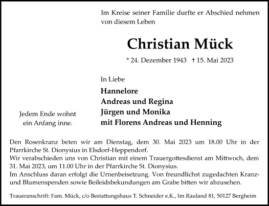 Anzeige von Christian Mück von Kölner Stadt-Anzeiger / Kölnische Rundschau / Express