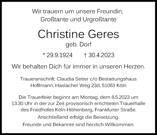 Anzeige von Christine Geres von Kölner Stadt-Anzeiger / Kölnische Rundschau / Express