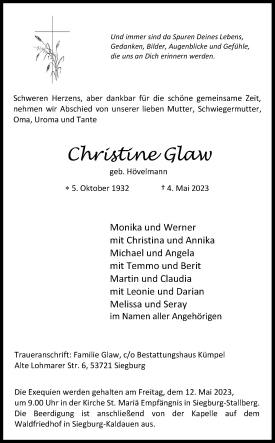 Anzeige von Christine Glaw von Kölner Stadt-Anzeiger / Kölnische Rundschau / Express
