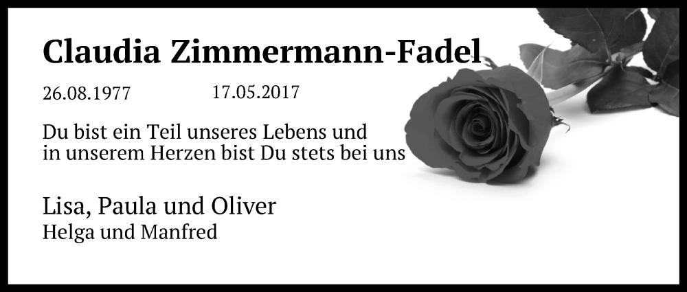  Traueranzeige für Claudia Zimmermann-Fadel vom 18.07.2023 aus Kölner Stadt-Anzeiger / Kölnische Rundschau / Express