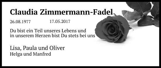 Anzeige von Claudia Zimmermann-Fadel von Kölner Stadt-Anzeiger / Kölnische Rundschau / Express