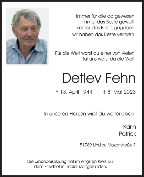 Anzeige von Detlev Fehn von Kölner Stadt-Anzeiger / Kölnische Rundschau / Express