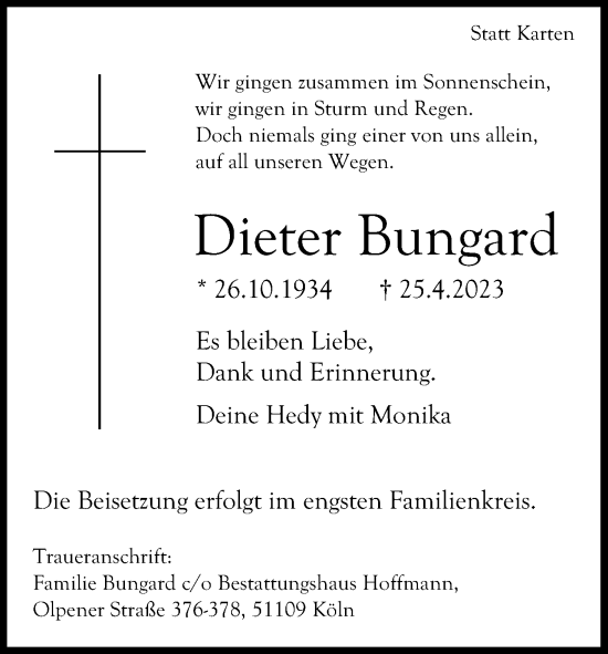 Anzeige von Dieter Bungard von Kölner Stadt-Anzeiger / Kölnische Rundschau / Express