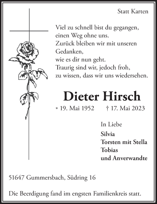 Anzeige von Dieter Hirsch von  Anzeigen Echo 