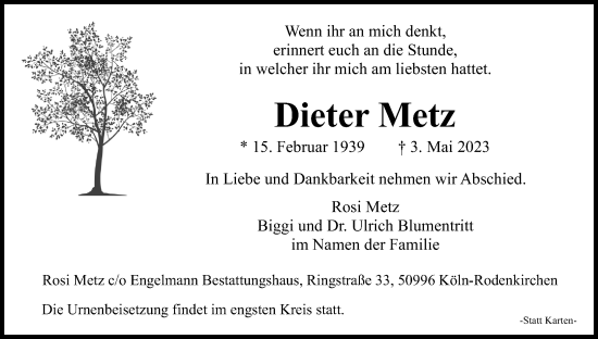 Anzeige von Dieter Metz von Kölner Stadt-Anzeiger / Kölnische Rundschau / Express