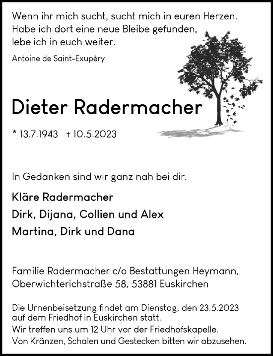 Anzeige von Dieter Radermacher von  Blickpunkt Euskirchen 