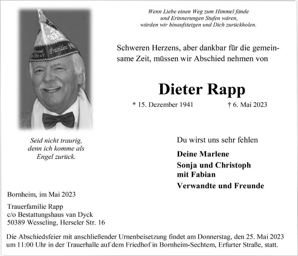  Traueranzeige für Dieter Rapp vom 19.05.2023 aus  Schlossbote/Werbekurier 