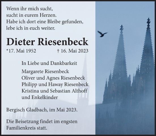 Anzeige von Dieter Riesenbeck von  Bergisches Handelsblatt 