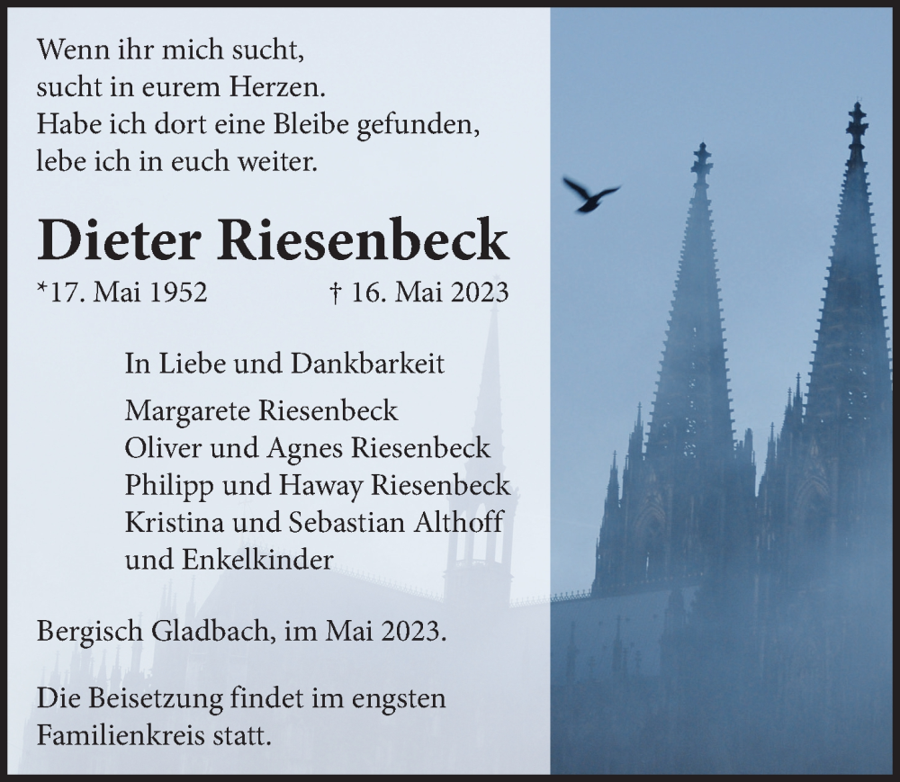  Traueranzeige für Dieter Riesenbeck vom 26.05.2023 aus  Bergisches Handelsblatt 