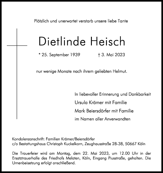 Anzeige von Dietlinde Heisch von Kölner Stadt-Anzeiger / Kölnische Rundschau / Express