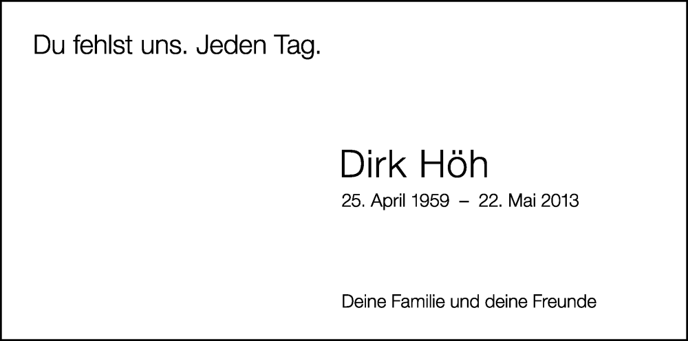  Traueranzeige für Dirk Höh vom 20.05.2023 aus Kölner Stadt-Anzeiger / Kölnische Rundschau / Express