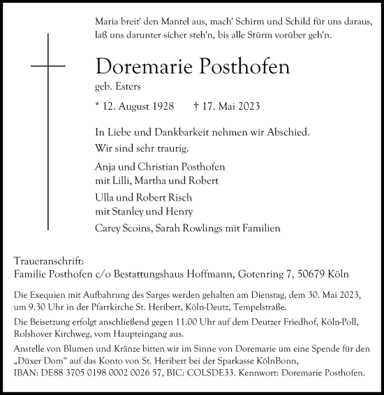 Anzeige von Doremarie Posthofen von Kölner Stadt-Anzeiger / Kölnische Rundschau / Express