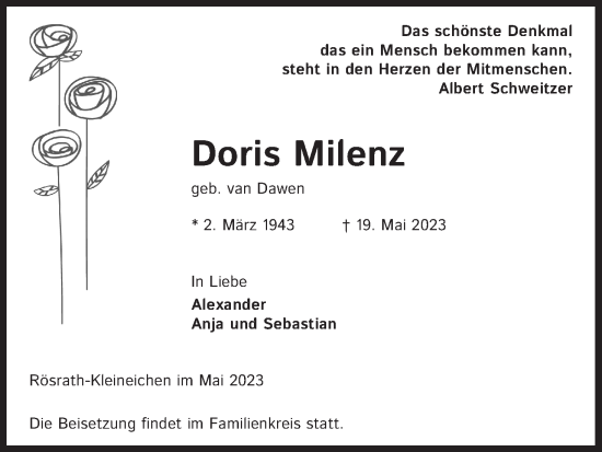 Anzeige von Doris Milenz von Kölner Stadt-Anzeiger / Kölnische Rundschau / Express