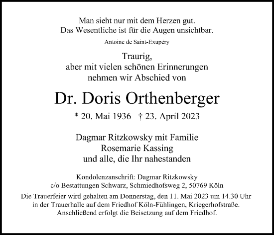 Anzeige von Doris Orthenberger von Kölner Stadt-Anzeiger / Kölnische Rundschau / Express