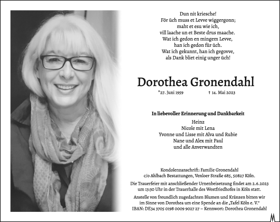 Anzeige von Dorothea Gronendahl von Kölner Stadt-Anzeiger / Kölnische Rundschau / Express