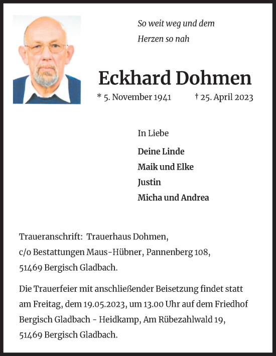 Anzeige von Eckhard Dohmen von Kölner Stadt-Anzeiger / Kölnische Rundschau / Express