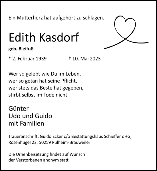 Anzeige von Edith Kasdorf von  Werbepost 