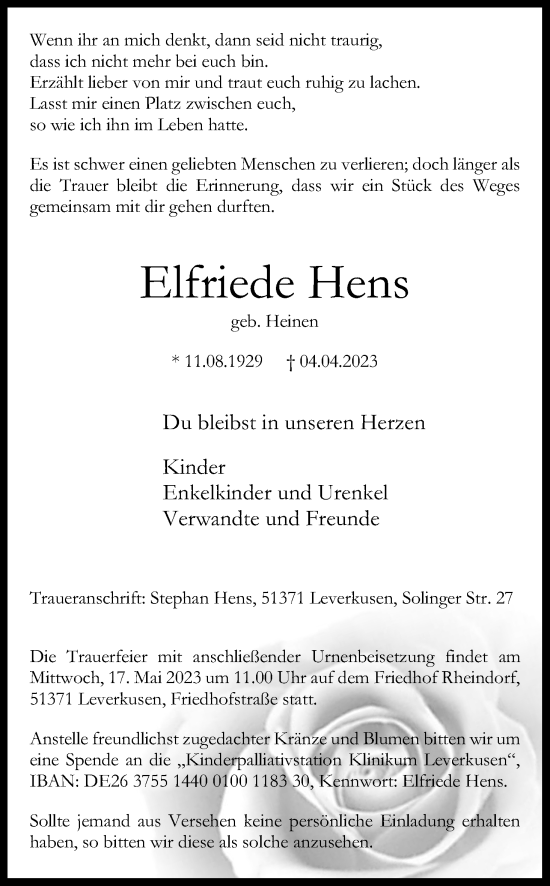 Anzeige von Elfriede Hens von Kölner Stadt-Anzeiger / Kölnische Rundschau / Express