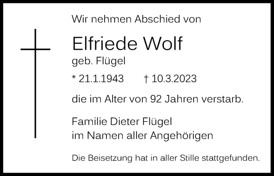 Anzeige von Elfriede Wolf von Kölner Stadt-Anzeiger / Kölnische Rundschau / Express