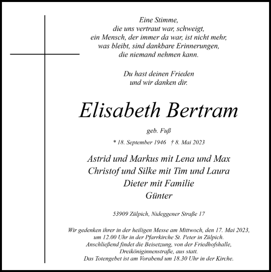 Anzeige von Elisabeth Bertram von  Blickpunkt Euskirchen 