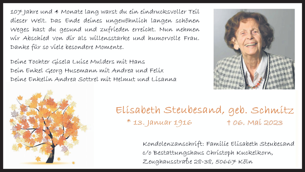  Traueranzeige für Elisabeth Steubesand vom 13.05.2023 aus Kölner Stadt-Anzeiger / Kölnische Rundschau / Express