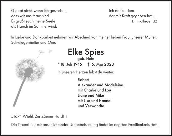 Anzeige von Elke Spies von  Anzeigen Echo 