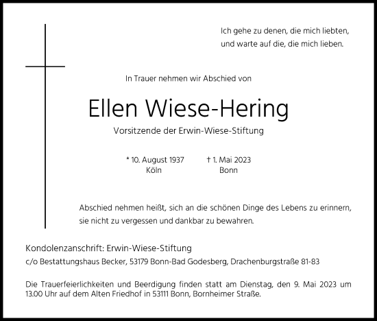 Anzeige von Ellen Wiese-Hering von Kölner Stadt-Anzeiger / Kölnische Rundschau / Express