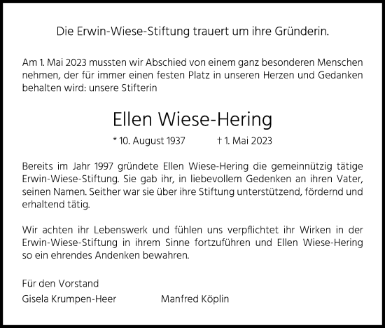 Anzeige von Ellen Wiese-Hering von Kölner Stadt-Anzeiger / Kölnische Rundschau / Express