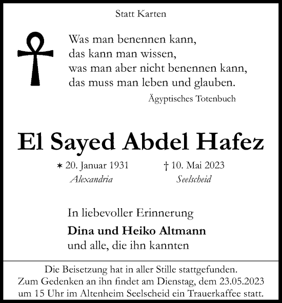 Anzeige von El Sayed Abdel Hafez von Kölner Stadt-Anzeiger / Kölnische Rundschau / Express