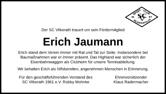 Anzeige von Erich Jaumann von Kölner Stadt-Anzeiger / Kölnische Rundschau / Express