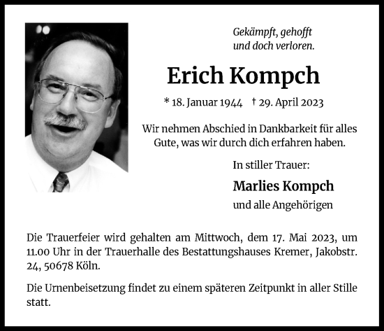 Anzeige von Erich Kompch von Kölner Stadt-Anzeiger / Kölnische Rundschau / Express