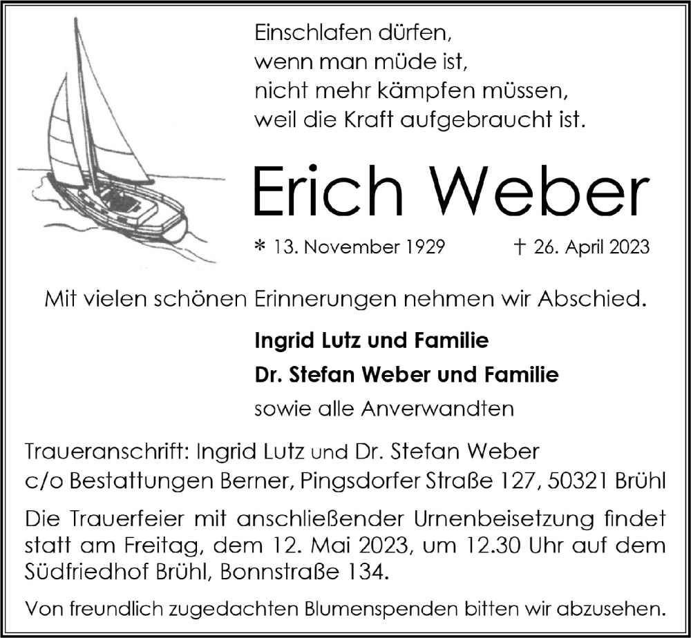  Traueranzeige für Erich Weber vom 05.05.2023 aus  Schlossbote/Werbekurier 