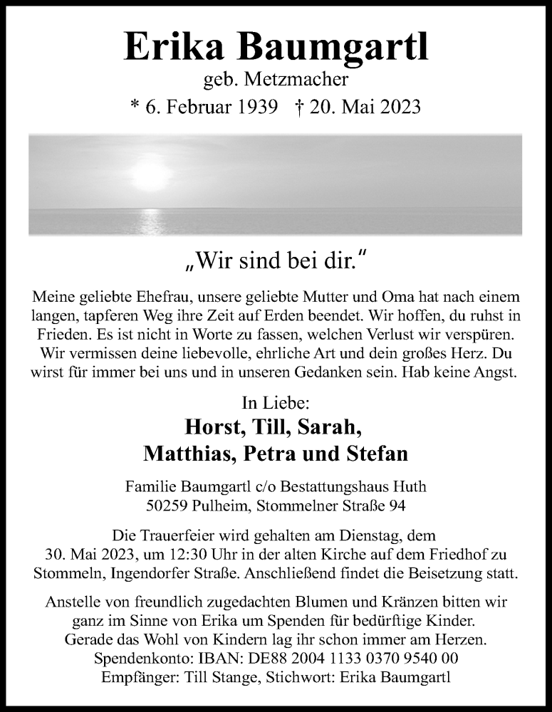  Traueranzeige für Erika Baumgartl vom 27.05.2023 aus Kölner Stadt-Anzeiger / Kölnische Rundschau / Express