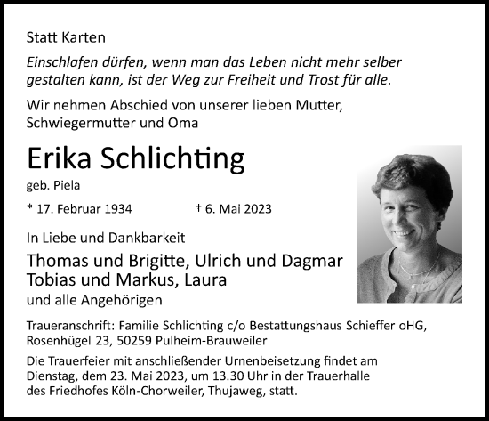 Anzeige von Erika Schlichting von Kölner Stadt-Anzeiger / Kölnische Rundschau / Express