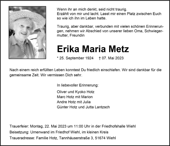 Anzeige von Erika Maria Metz von  Anzeigen Echo 