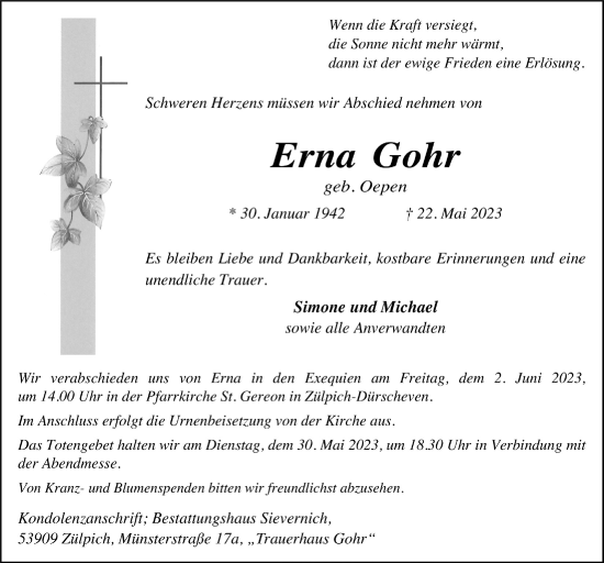 Anzeige von Erna Gohr von  Blickpunkt Euskirchen 